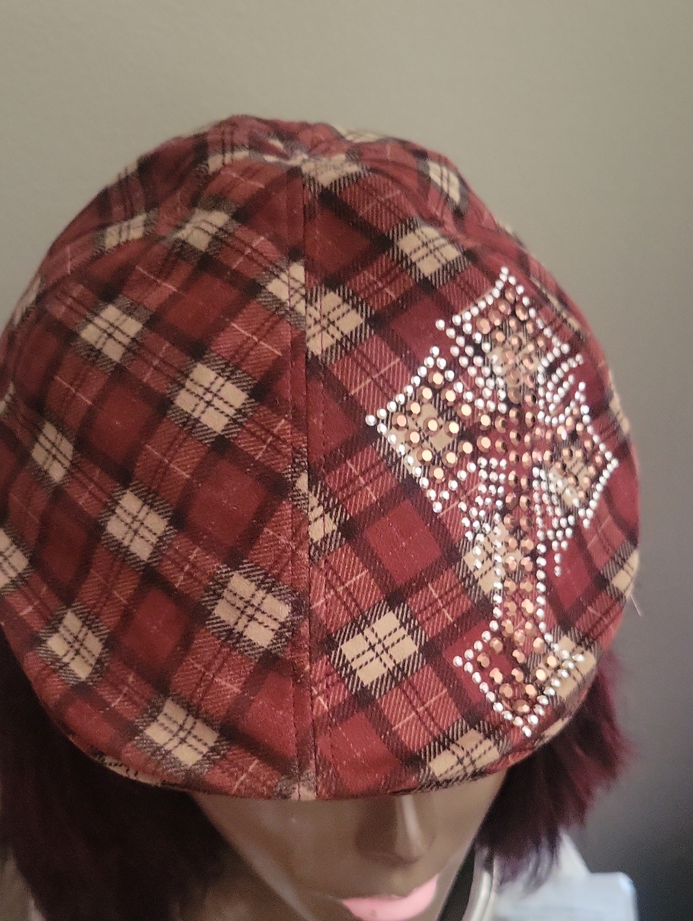 Women’s Plaid Beanie Hat with Rhinestone Cross - Burgundy